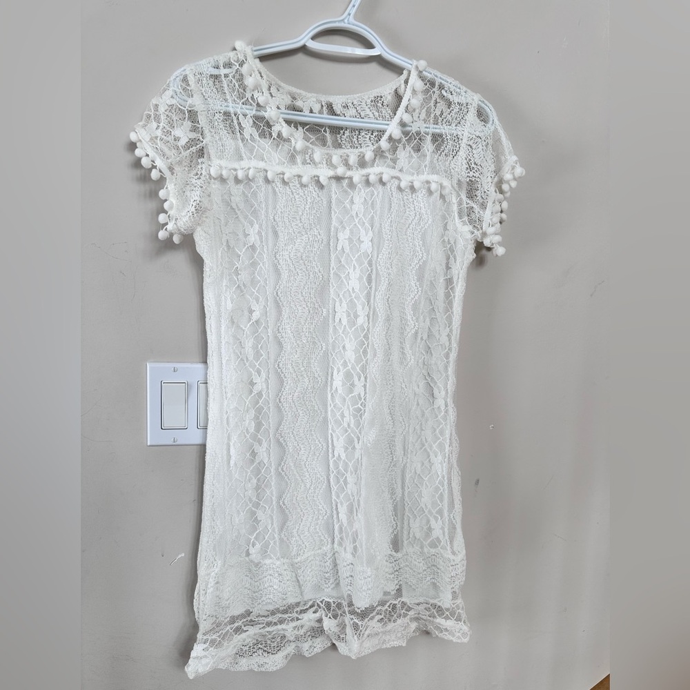 White Lace and pompon mini dress
